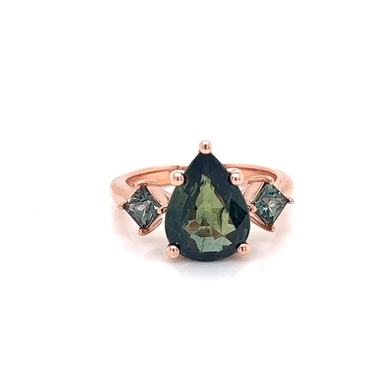 Angelique Ring with a 3.00 Carat Green Pear Sapphire and Blue Accent Sapphires in 14k Rose Gold - Ready to Size and Ship