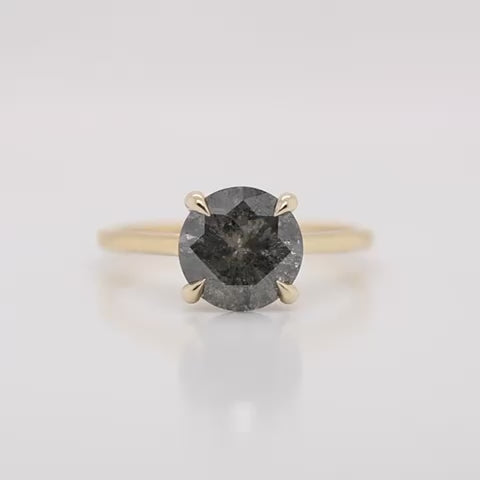 Elle Ring with a 3.02 Carat Round Dark Gray Salt and Pepper Diamond in 14k Yellow Gold - Ready to Size and Ship