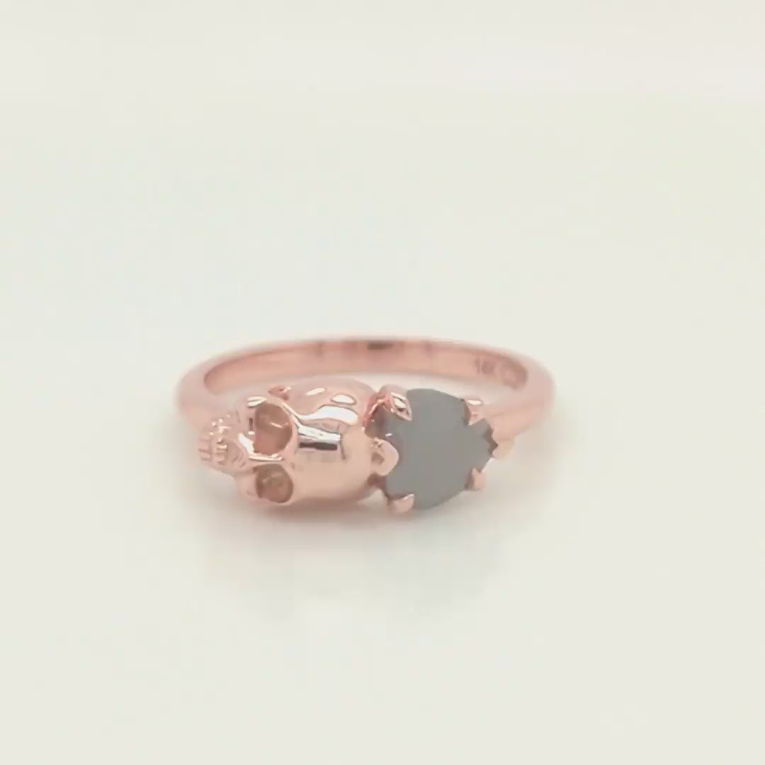 Skull Ring with a 0.83 Misty Gray Heart-Shaped Salt and Pepper Diamond and Hidden Diamond in 14k Rose Gold - Ready to Size and Ship