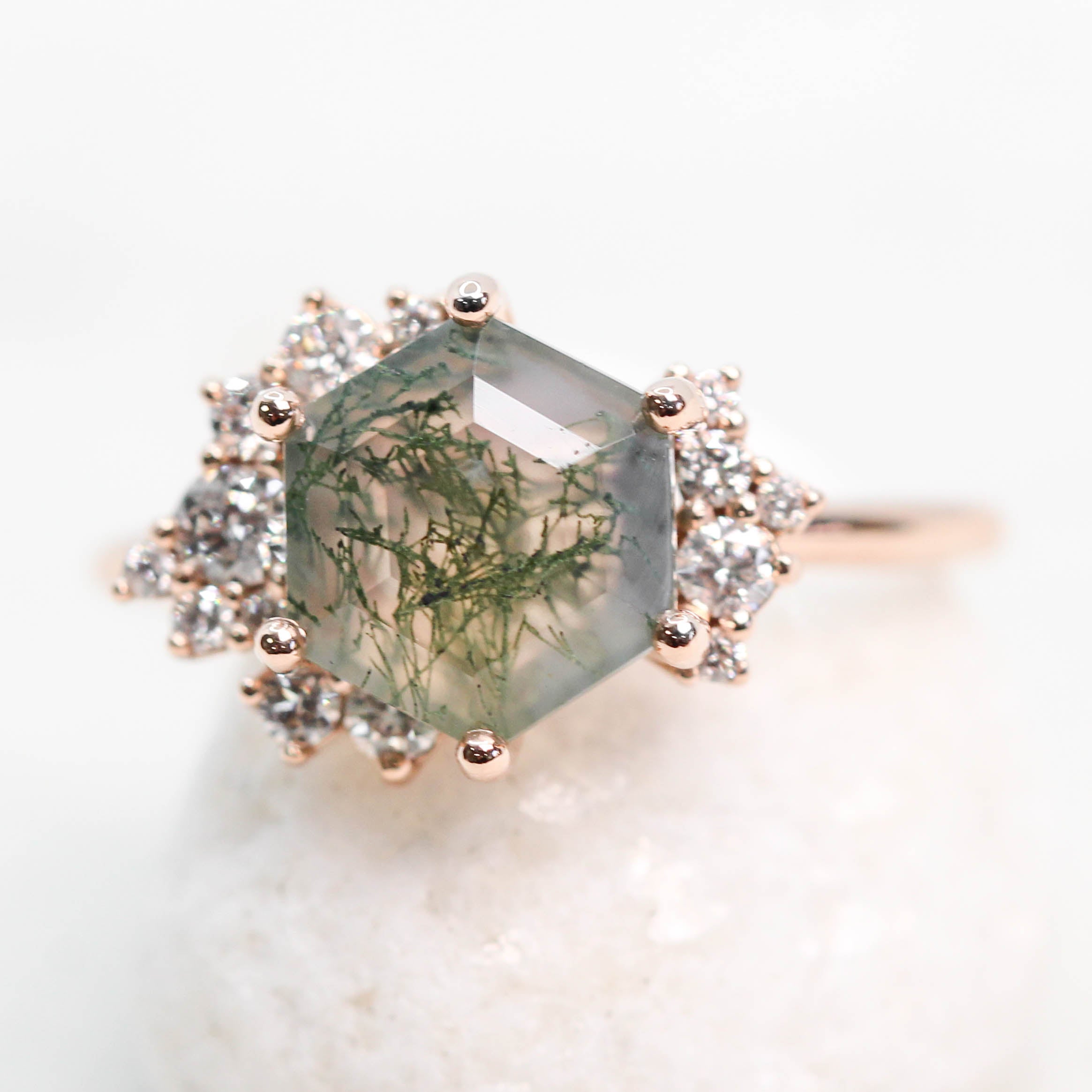 Custom Orion with 2 Carat Hexagon Moss Agate and White Accent Diamonds in your Choice of 14K Gold or Platinum - Made to Order - Each Stone is Unique - Midwinter Co. Alternative Bridal Rings and Modern Fine Jewelry