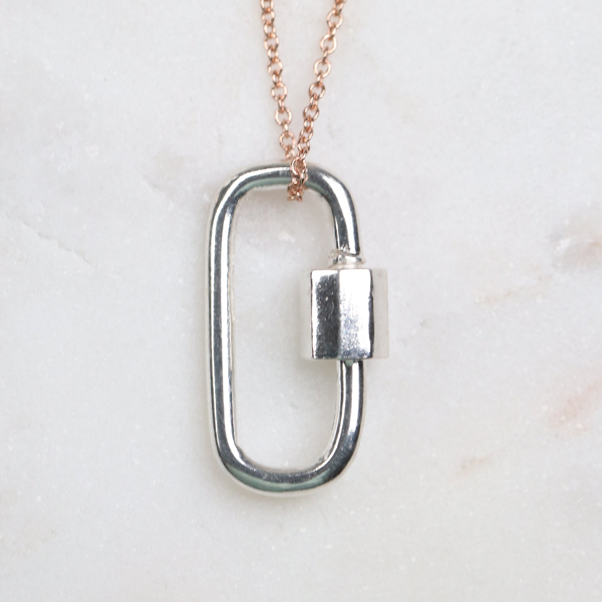 Minimal Cabrera Lock in Sterling Silver - Necklace with 14k Rose Gold Fill Chain - Midwinter Co. Alternative Bridal Rings and Modern Fine Jewelry