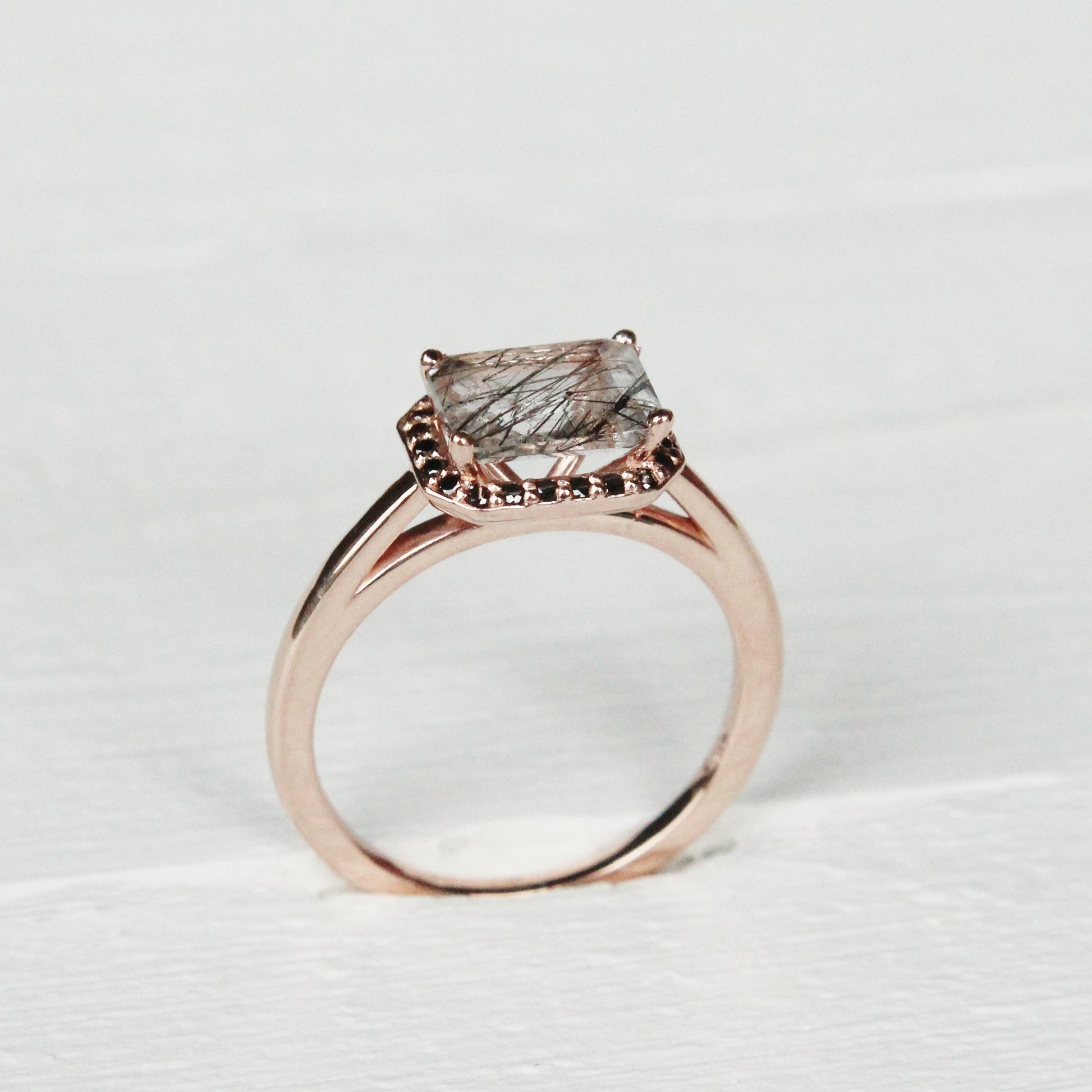 Kait - Emerald Cut Tourmalinated Quartz in a Diamond Halo - Pick your diamonds and metal - Midwinter Co. Alternative Bridal Rings and Modern Fine Jewelry