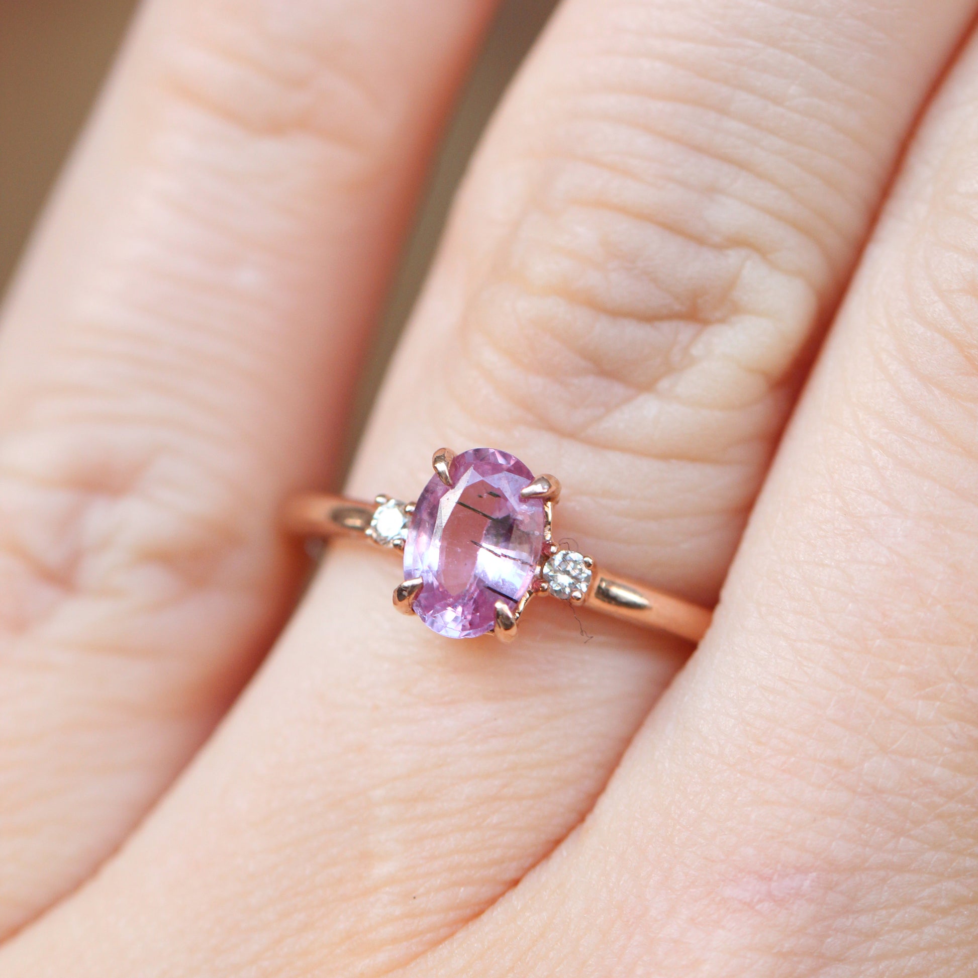 Terra Ring with 1.05 carat pink sapphire with black needle inclusions and white diamonds in 10k rose gold - ready to size and ship - Midwinter Co. Alternative Bridal Rings and Modern Fine Jewelry